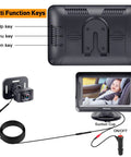 Cruise With Confidence Using This Rear Facing Baby Car Camera Featuring HD 1080P Clarity Ultra Wide View And Smooth Night Vision To Keep Tabs On Your Tot All Day Long, showing functions and connection details.
