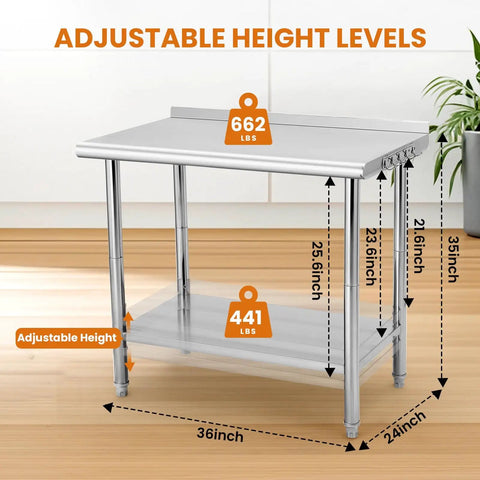 36 By 24 Inch NSF Stainless Steel Prep Table With Hooks And Three Stage Adjustable Shelf For Commercial Kitchen Or Workshop
