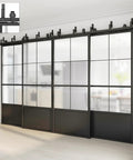 Double Bypass Frosted Tempered Glass Barn Door Kit 144 By 84 Inches With 12 Feet Double Hardware Kit and Black Frame
