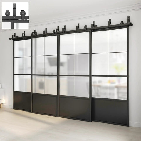 Double Bypass Frosted Tempered Glass Barn Door Kit 144 By 84 Inches With 12 Feet Double Hardware Kit and Black Frame