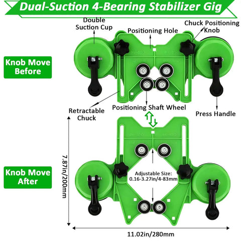 Dual Suction 4 Bearing Jig shows adjustable size, positioning wheel, and suction cups for use with Rock Solid Workhorse 16 Piece Diamond Hole Saw Kit.
