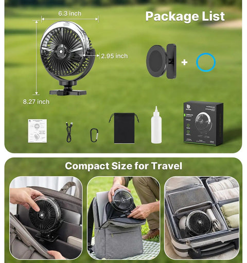 Package list of Magnetic Golf Cart Misting Fan And Phone Holder Gift Set with included accessories and size dimensions.