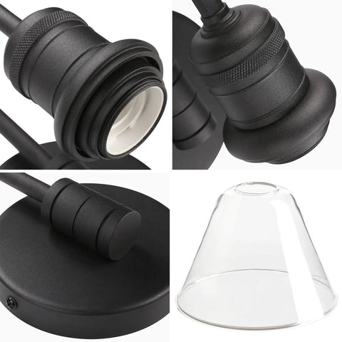 Retro Industrial Wall Sconce Light With Clear Glass Funnel Shade And Gooseneck Curve In Black Finish, close-up details.