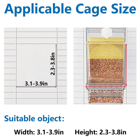 Dimensions of Hassle Free Bird Feeder And Water Dispenser Set featuring cage size suitability for parakeets and lovebirds.