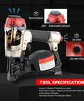 Heavy Duty Pneumatic Roofing Nailer For Shingles Accepts Three Quarter Inch To One And Three Quarter Inch Nails Fifteen Degree Coil Nailer displayed with specifications.