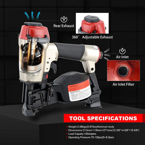 Heavy Duty Pneumatic Roofing Nailer For Shingles Accepts Three Quarter Inch To One And Three Quarter Inch Nails Fifteen Degree Coil Nailer displayed with specifications.