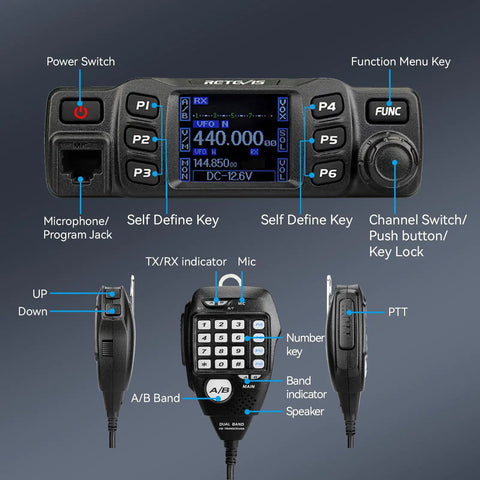 Dual Band Ham Radio for Mobile Base Station With Rotatable LCD Display Chirp Compatible Dual Speaker Audio 2 Meter And 70 Centimeter Transceiver Easy Microphone Band Switching Compact Setup With Cables Included control panel and microphone