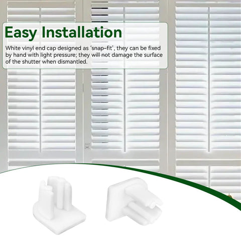 End Cap Replacement Kit For Plantation Shutter Tilt Bars Vinyl End Caps 4-pack in front of white plantation shutters