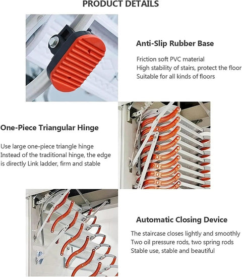 Product details showing features of Heavy Duty Aluminum Attic Ladder Pull Down Ceiling Access including anti-slip base and hinge.