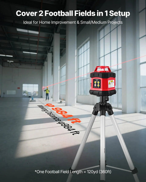 Rotary Laser Level Kit With 984 Ft Range, 360 Degree Self Leveling Red Horizontal Laser Transit For Construction Sites, Tripod, Receiver, Remote, Scale, Case, IP54 Waterproof, 0.12 In Per 100 Ft Precision, Must Have Pro Grade Setup on tripod in warehouse