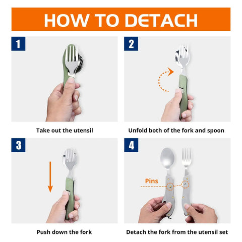4 In 1 Camping Utensil Set With Detachable Fork Spoon Knife And Bottle Opener For Hiking And Backpacking Trail Ready Ultra Compact Stainless Steel Cutlery That Fits In Your Pocket Or Pack For Travel Campfire Eats And Outdoor Adventures In Army Green - how to detach fork from utensil set
