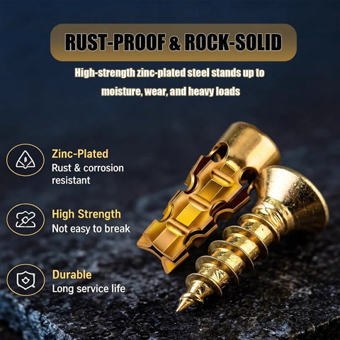 Hinge Repair Kit With 6x14mm Screws And Expansion Anchors For Stripped Screw Holes, rust-proof golden screw display on stone surface