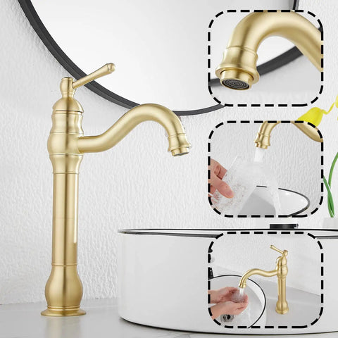 360 Degree Swivel Vessel Sink Faucet With One Hole Install, Brushed Gold Farmhouse Vanity Faucet with single-handle usage montage