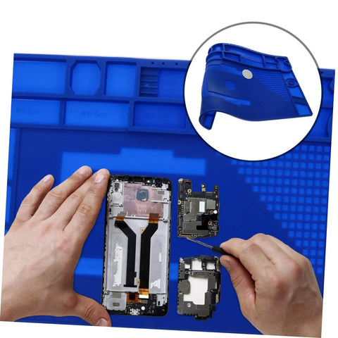 Insulated Magnetic Work Mat for Electronics Repair with high temperature silicone and antistatic surface in use for DIY projects.