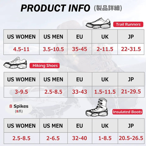 Sizing chart for All Terrain Traction Crampons With 8 Stainless Steel Spikes For Boots And Shoes Non Slip Ice Grips for men, women, kids.