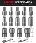 Pro Grade Bolt Extractor Kit 16-Piece Lug Nut Removal Tool Set For Damaged Frozen Rusted And Rounded Bolts And Nuts Half Inch Drive Impact Socket Set Heavy Duty CR-MO Steel with sizes labeled