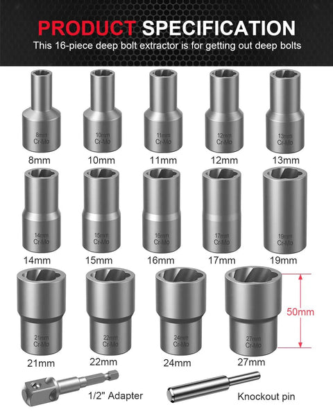 Pro Grade Bolt Extractor Kit 16-Piece Lug Nut Removal Tool Set For Damaged Frozen Rusted And Rounded Bolts And Nuts Half Inch Drive Impact Socket Set Heavy Duty CR-MO Steel with sizes labeled