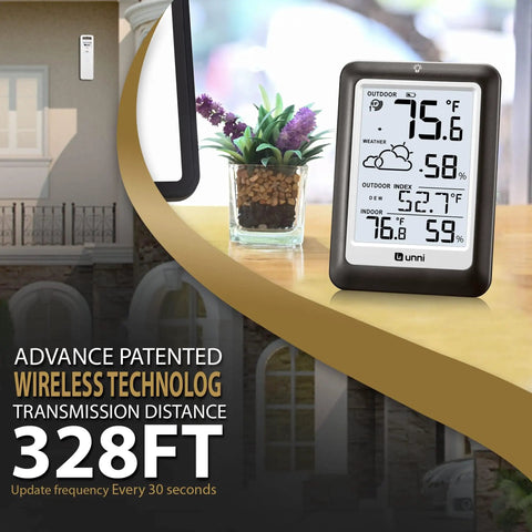 Dope Wireless Indoor Outdoor Thermometer Weather Station With Remote Sensor, backlit display shown on table with plant