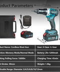 Portable Cordless Rivet Gun Brushless Electric Blind Riveter Kit With Two Batteries displaying product specs and components.