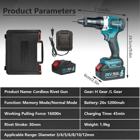 Portable Cordless Rivet Gun Brushless Electric Blind Riveter Kit With Two Batteries displaying product specs and components.
