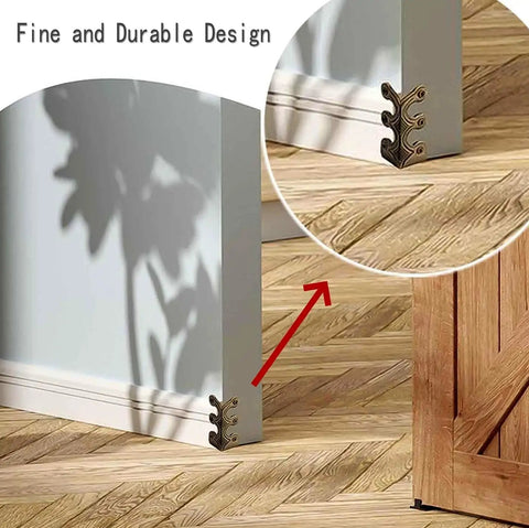 Heavy Duty Solid Brass Baseboard Corner Protectors Vintage Metal Table Edge Guards Rust Resistant Skirting Shield No Sweat Install Knockout Style Bronze Five Piece Set on wall corner.