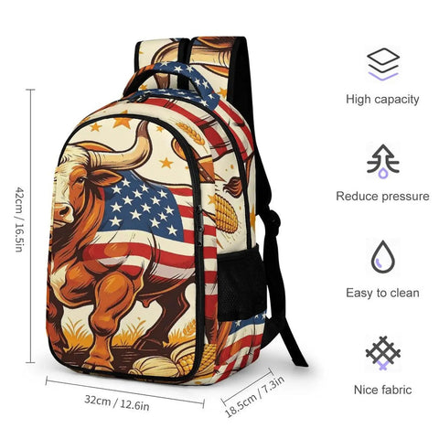 Farmland Patriotic Bull Print Unisex Backpack Large Capacity Durable Polyester Daypack With Breathable Fabric Easy Clean Material