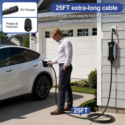 Portable Level 2 Electric Vehicle Charger 32 Amp 240 Volt Nema 14 50 Plug With 25 Ft Cable For Tesla Model 3 Y S X Cybertruck in use