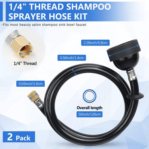 Two Pack UPC Certified Salon Shampoo Bowl Sprayer Hose Kit with quarter inch thread, black rubber, overall length 50 inches