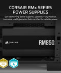 Upgrade Your Rig With 850W Fully Modular Power Supply ATX 3.1 Ready PCIe 5.1 Support Low Noise Cooling Cybenetics Gold Efficiency Native 12V 2x6 Connectors Black, Corsair RM850x