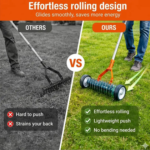 Comparison of Effortless Wheeled Dethatcher Rake For Lawns With 15 Inch Head And 35 To 67 Inch Adjustable Stainless Steel Handle against a traditional rake.