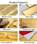Product features of Peel And Stick Beveled Gold Mirror Tiles Subway Mosaic Backsplash Kit 3x12 In Glass, including waterproof and oil-proof properties