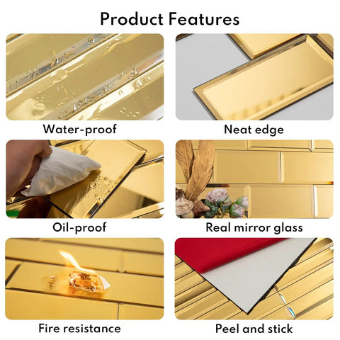 Product features of Peel And Stick Beveled Gold Mirror Tiles Subway Mosaic Backsplash Kit 3x12 In Glass, including waterproof and oil-proof properties