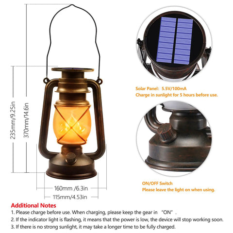 Outdoor Solar Lanterns 2 Pack Waterproof Bronze Flickering Flame Lights For Garden Patio And Yard Auto Charge No Batteries Night Light With A Lit Warm Vintage Amber Glow showing bronze finish, solar panel, and dimensions
