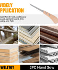 Image showing applications of Two Piece Japanese Hand Saw Set including drywall, wood, and PVC cutting with anti-slip handle.