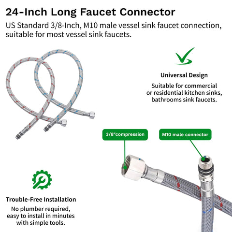 24-Inch long faucet connector with US standard 3/8-inch and M10 male connectors, suitable for vessel sink faucets