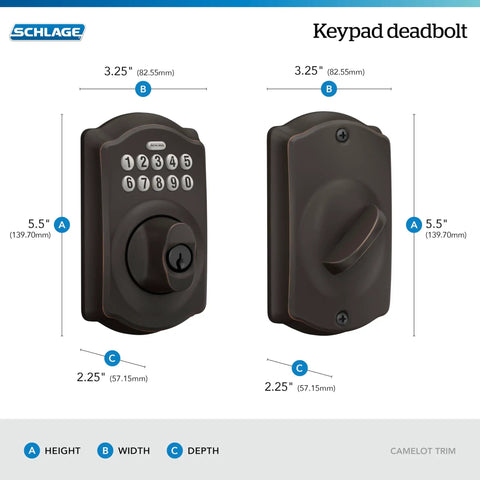 Camelot Keyless Entry Electronic Keypad Deadbolt Lock With Aged Bronze Finish front and side view, dimensions labeled
