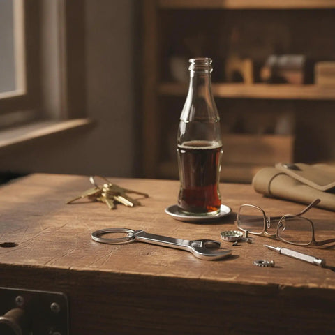 EDC Ready Zinc Alloy Multitool Keychain with bottle opener in polished silver on a wooden table