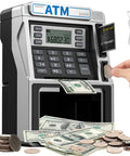 Rechargeable Kids ATM Bank With Real Money Safe Debit Card Access Coin Recognition Bill Feeder Balance Calculator Power Off Memory Keeps Data Kid Friendly ATM Machine For Boys And Girls with coins and bills