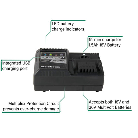 Rapid 18V And 36V Slide Battery Charger With USB Port Fast Charge, showing LED indicators and Multiplex Protection features.