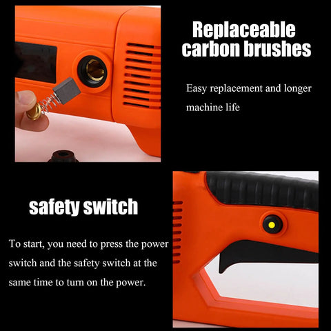 Heavy Duty Portable Electric Pipe Threader With Pure Copper Motor And Quick Change Steel Dies showing replaceable carbon brushes and safety switch.