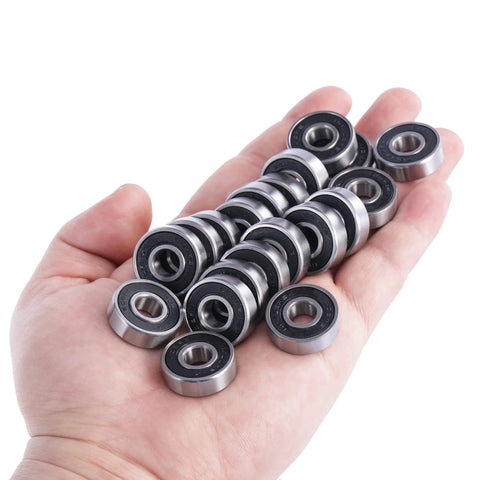 Rollerex Atlas 608-2RS skate wheel bearings, carbon steel, pre-lubricated; 20-pack held in hand
