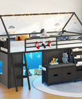 Twin Size Low Loft Bed With Built-In Bookshelf And Reading Nook, LED Night Light, Three Drawers, Under-Bed Play Space, Kid-Friendly House Style Loft With Guard Rail, Angled Ladder And Play Curtain, Black Finish.