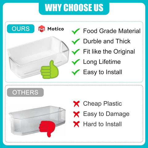 Comparison of refrigerator door shelf bin replacement for LG Kenmore models top right, highlighting material and installation quality.