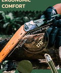 Foldable Camp Saw With 11.4 Inch SK5 Steel Blade, One-Hand Operation, cutting a branch with secure ergonomic handle.