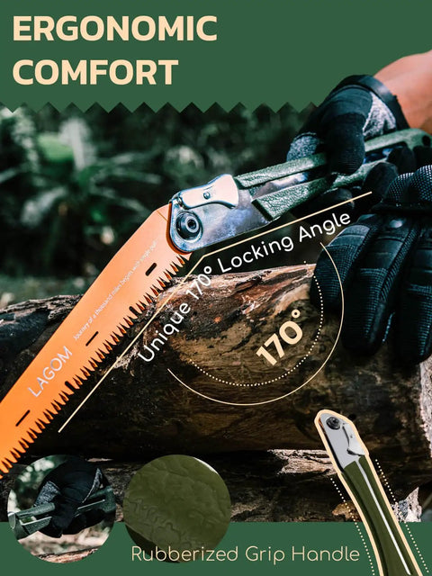 Foldable Camp Saw With 11.4 Inch SK5 Steel Blade, One-Hand Operation, cutting a branch with secure ergonomic handle.