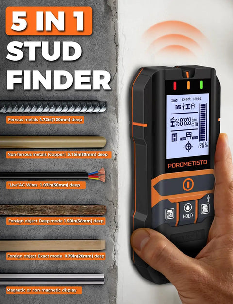 2 In 1 Stud Finder And Moisture Meter With Humidity Detection For Walls Deep Scan Wall Scanner To Locate Studs Pipes And Lumber Moisture Levels Perfect For Home Renos DIY Enthusiasts And Pro Grade Projects. handheld wall scanner showing 5 in 1 modes