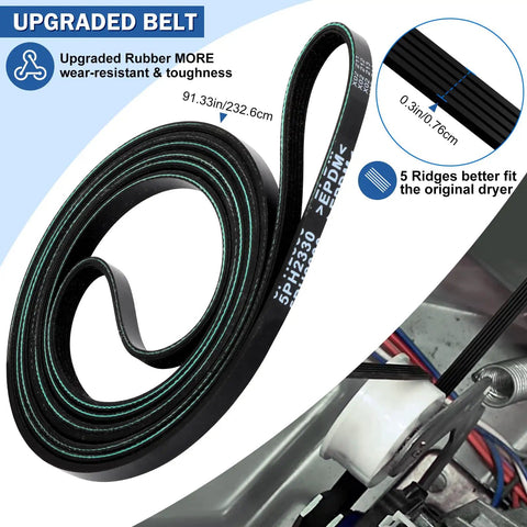 Dryer Drum Roller Kit With Durable Belt And Idler Pulley for Maytag Dryers showing upgraded rubber belt