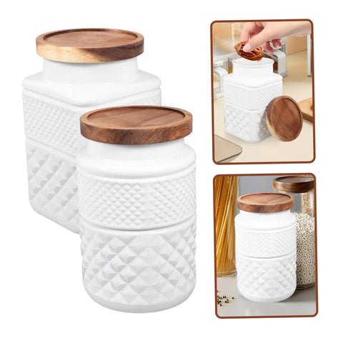 Two Pack Glass Storage Jars With Secure Airtight Lids For Coffee Beans And Dry Goods Keeps Your Stash Locked Down Tight with wooden lids.