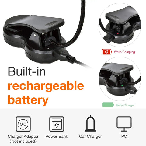 Rechargeable Clip On LED Book Light With Warm Natural Cool White Colors And Nine Brightness Levels charger status