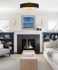 Living room with Cool Modern Flush Mount Ceiling Light Fixture With Gray Linen Drum Shade And Black Canopy Four Light Overhead